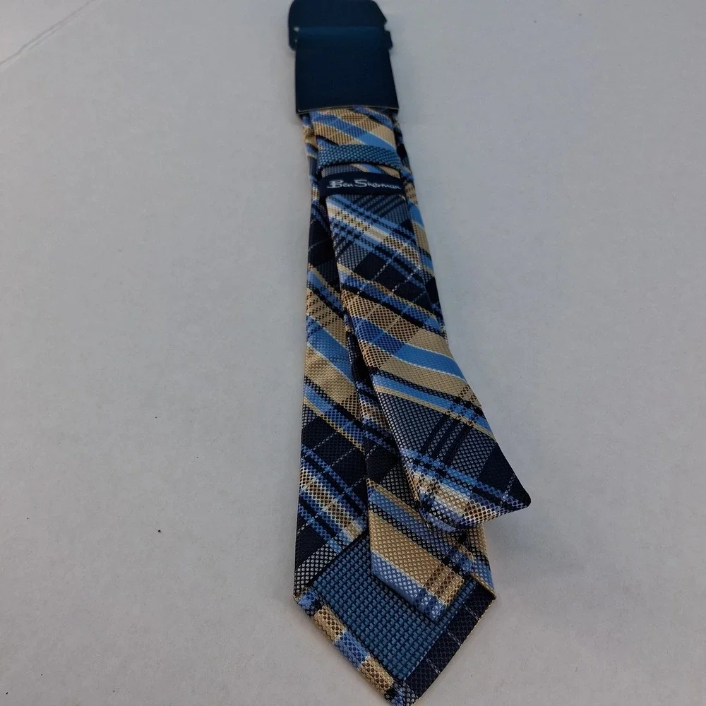 Ben Sherman Necktie Men OS Blue Tan Plaid Classic Woven Textured Polyester Tie